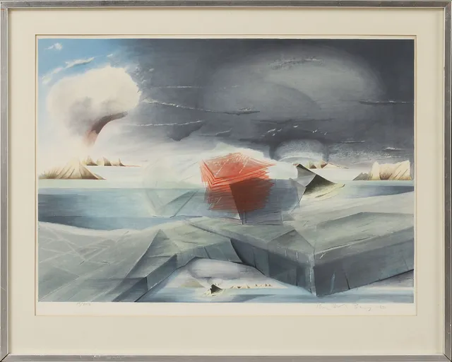 BERTIL BERG. Surrealistisk bild, färglitografi,signerad och numrerad 88/300.