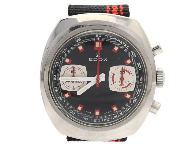 EDOX, herrrur, 38 x 42,5 mm, kronograf, "Tachymetre", (T Swiss Made T), Cal Valjoux 7733, Boett nr. 24651, stål, manuell, plexiglas, skadad urtavla, Nato-band, ca 1970.