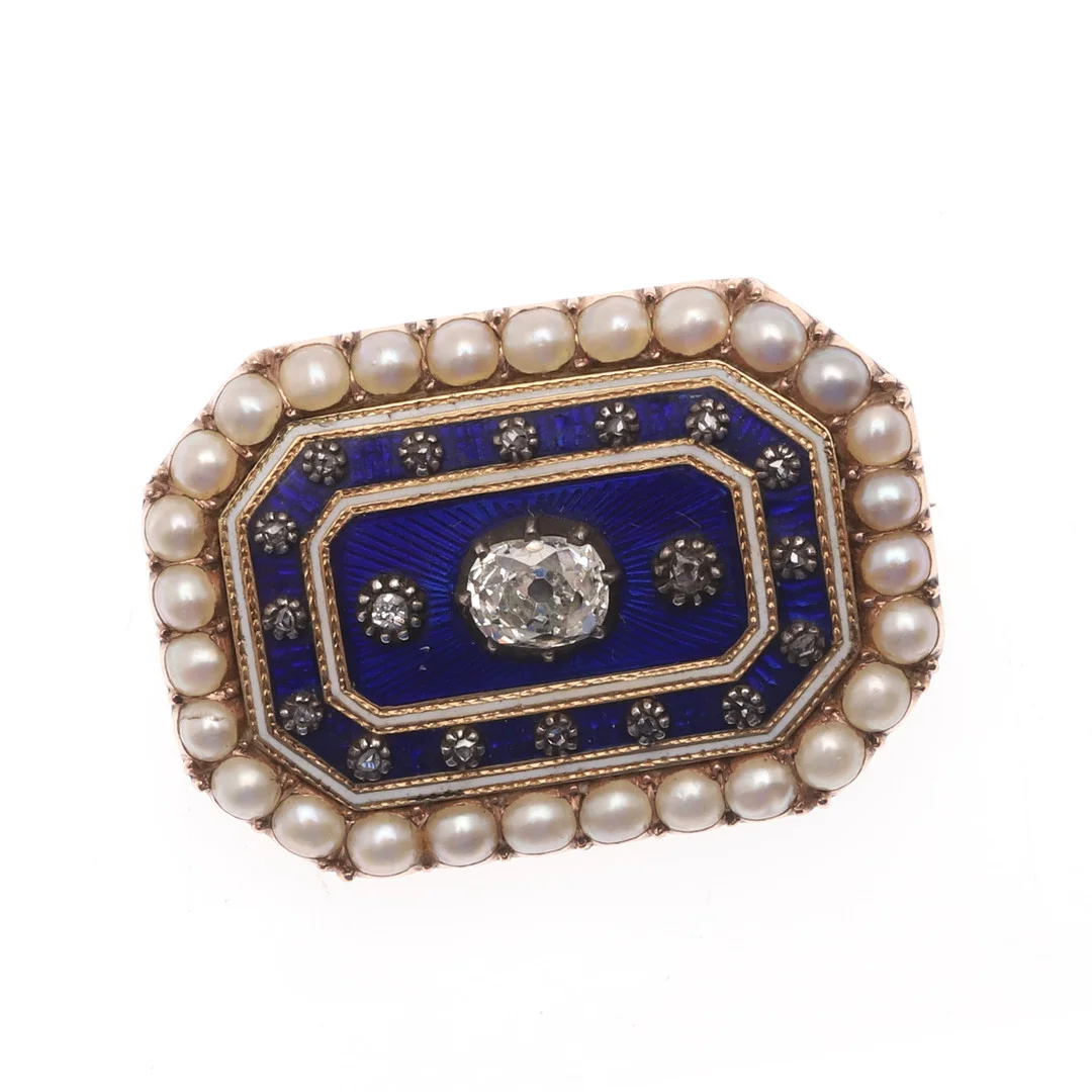 A VICTORIAN BLUE ENAMEL, DIAMOND AND PEARL BROOCH. — Brooches & Pendants — Lawrences Auctioneers