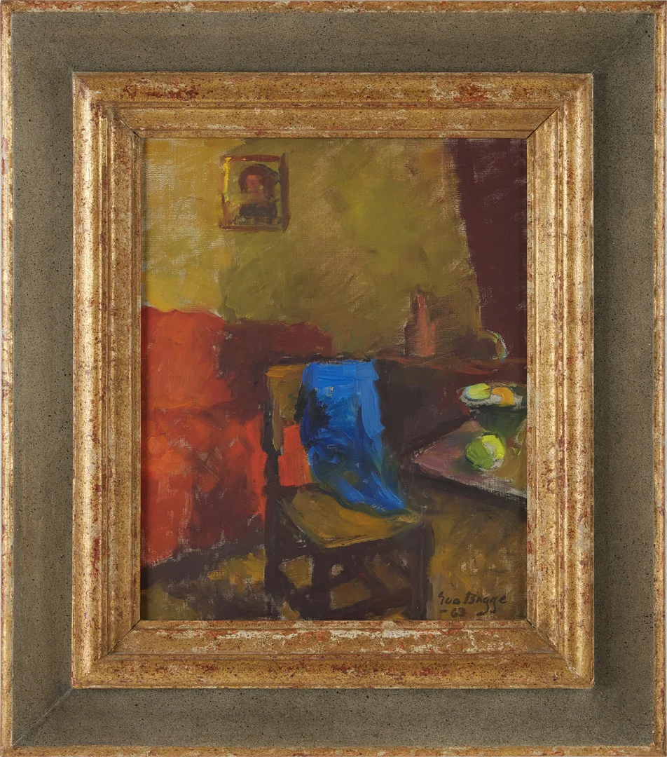 EVA BAGGE. Interiör, oljemålning på duk, signerad och daterad Eva Bagge 63. — Paintings — Stockholms Auktionsverk Magasin 5