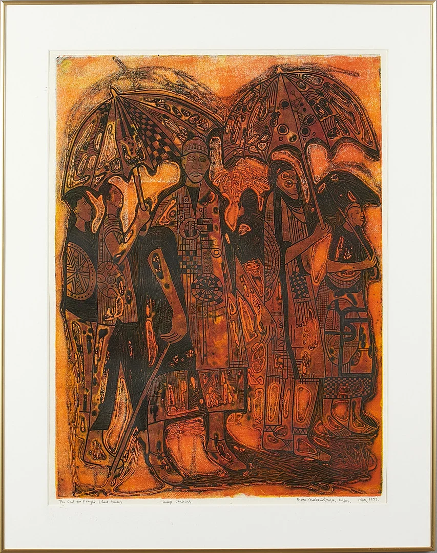 BRUCE ONOBRAKPEYA (F. 1932). Call for prayer, "Red base deep etching". — Engravings & Prints — Crafoord Auktioner Stockholm