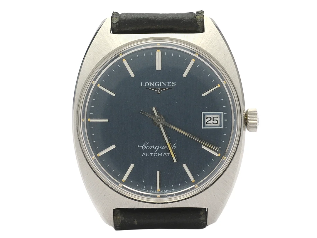 LONGINES, Conquest, Cal L.633, Serie nr. 52463221, Ref nr. 1578-1-633, Boett nr. 17485039, herrur, 33 mm, stål, autoamtisk, plexiglas, datum, skadad urtavla, läderband, originalspänne i stål, ca 1972. — Klockor/Longines — Kaplans