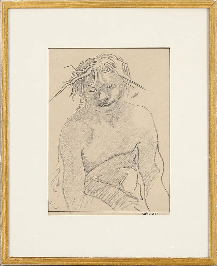 SVEN HEDIN (1865-1952). "Tibetan boy from the west", monogramsignerad och daterad SHn 25, krita. — Drawings — Crafoord Auktioner Stockholm