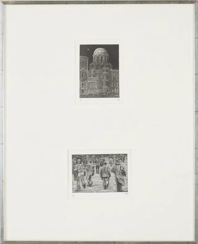 PALLE NIELSEN. 2 st samramade stengravyr, Timebog och Månserie, signerade .