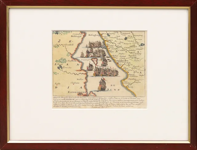 ANTIK KARTA. Kolorerat kopparstick. Danska flottans invasionsöverfart till Skåne 1709, Pieter Schenk, 1700-tal.