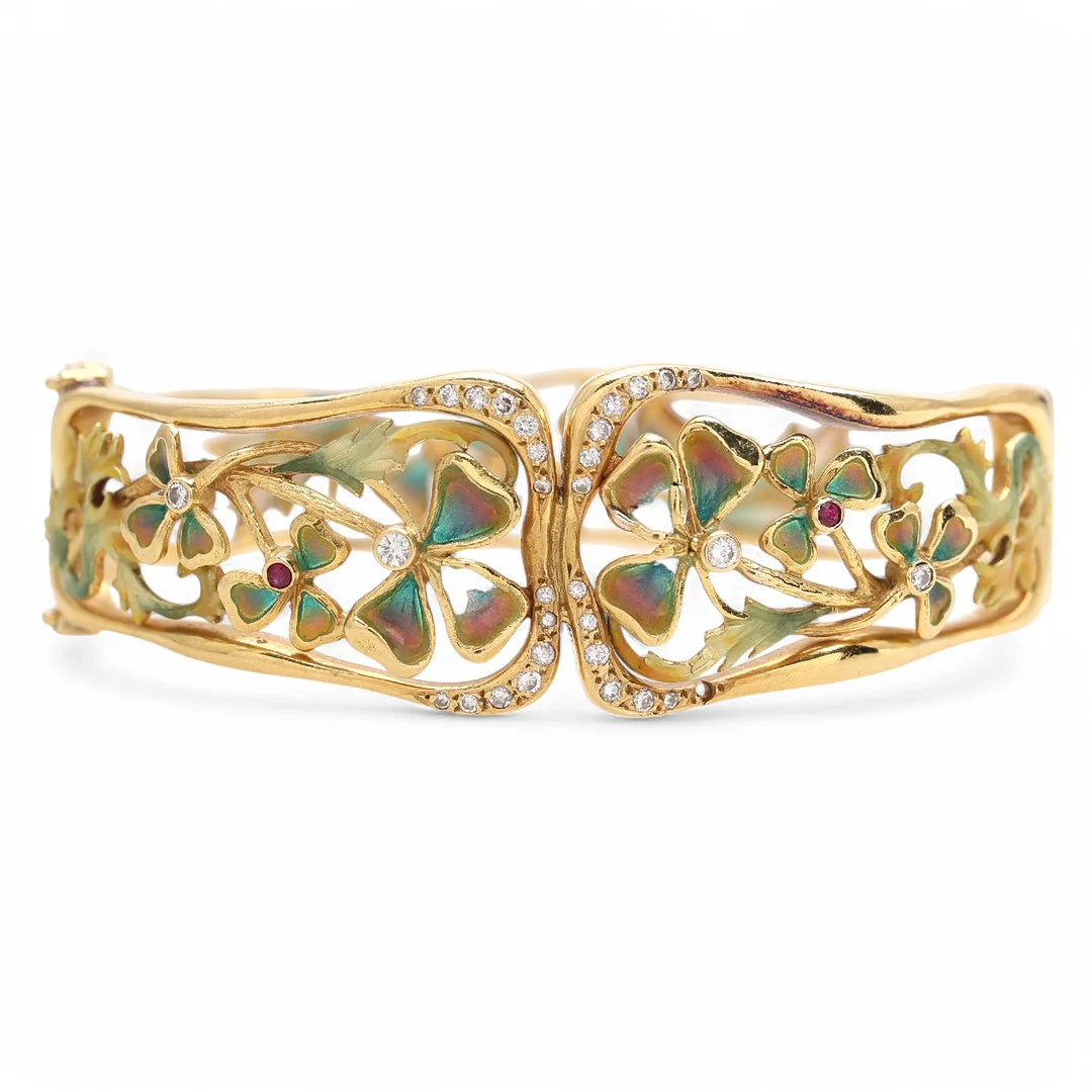 Gold and diamond bangle bracelet with enamelled floral decoration. — Bracelets — Balclis