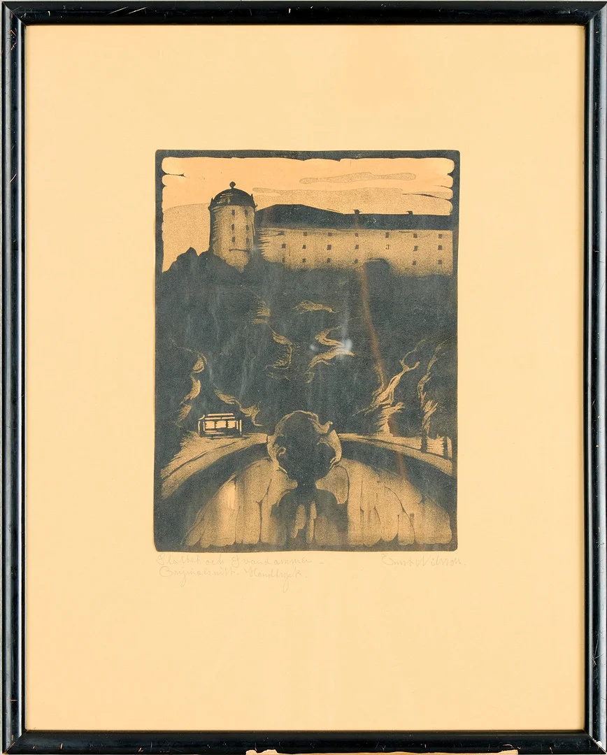 ERNST NILSSON (1892-1937). Träsnitt, "Slottet och svandammen". — Engravings & Prints — Uppsala Auktionskammare