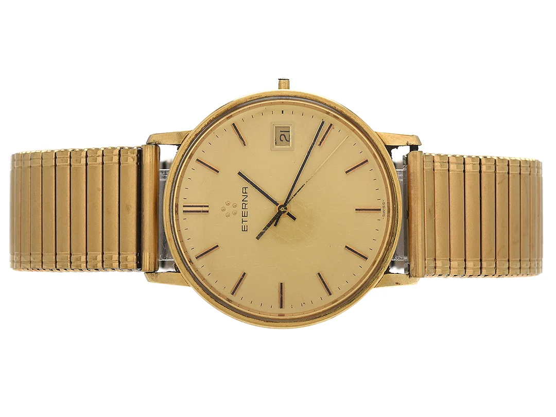 Herur Eterna 14K defekt krona plexiglas manuell datum Ø32mm med flexlänk i double — Klockor/Eterna — Kaplans
