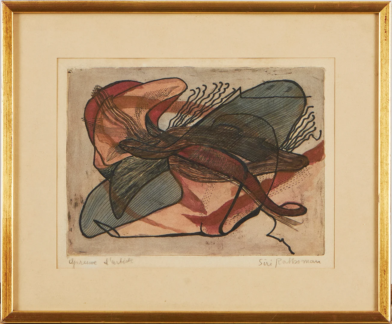 SIRI RATHSMAN. Komposition, signerad, EA, kolorerad etsning. — Engravings & Prints — Stockholms Auktionsverk Magasin 5