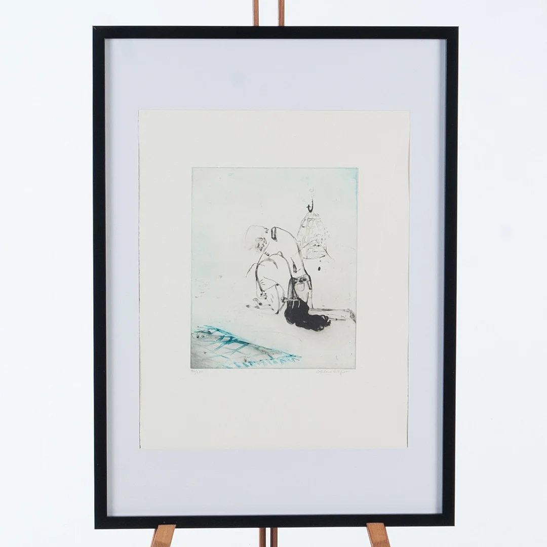 HELENE BILLGREN. Färgetsning, Komposition med figur, Signerad och numrerad 186/250. — Engravings & Prints — Laholms Auktionskammare