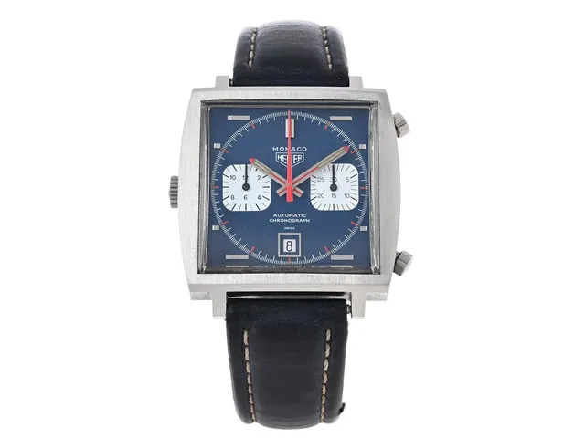 HEUER, Monaco, Cal 12, Serie nr. 157221, Ref nr. 1133 B, Boett nr. 1133, kronograf, herrur, 40 x 38 (45,5) mm, stål, automatisk (microrotor), plexiglas, datum, boetten signerad "Heuer-Leonidas SA", läderband, originalspänne (ej tidsenligt), ca 1970.