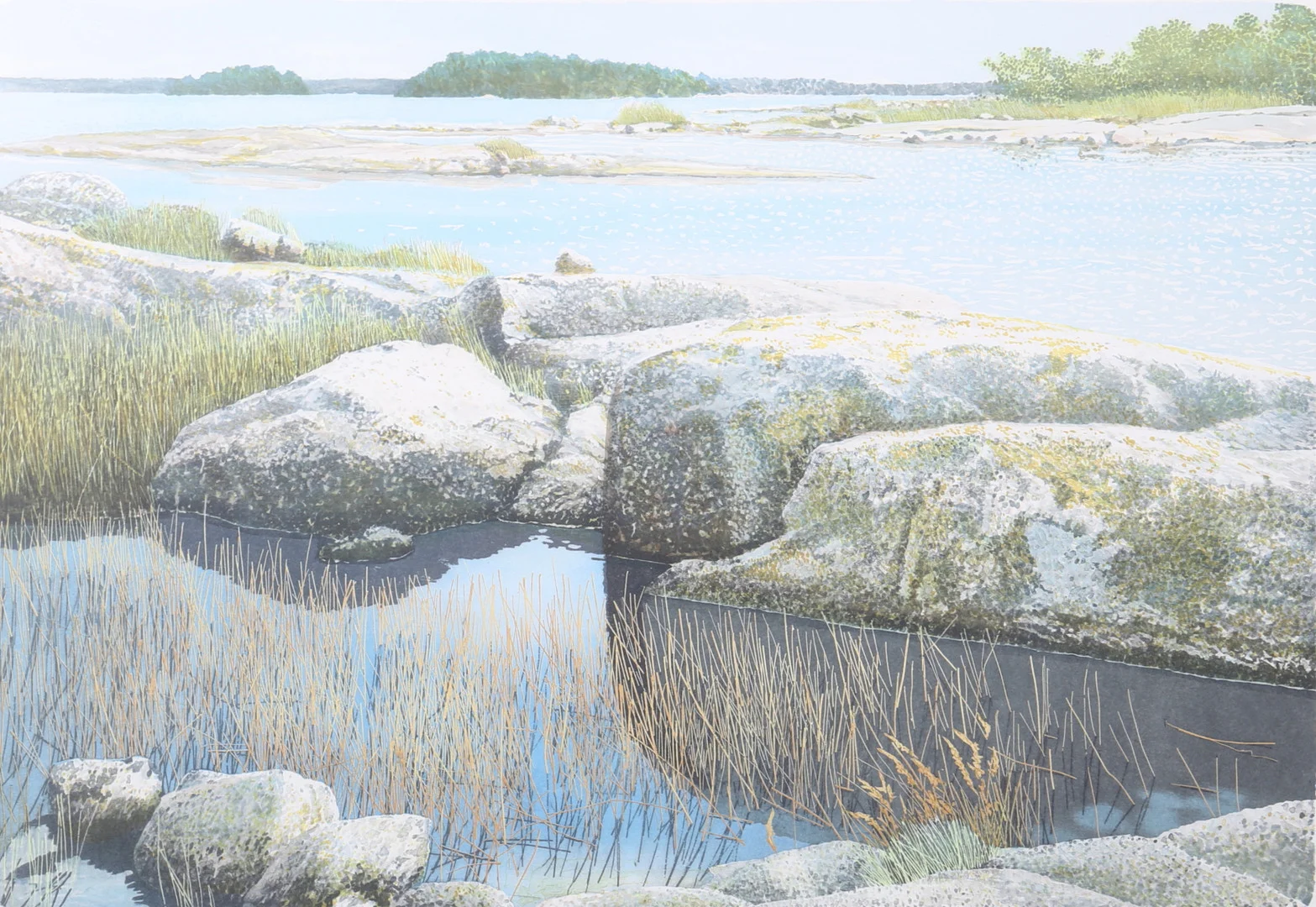 GÖRAN HAHNE. Skärgårdsmotiv. Färglitografi, signerad och numrerad 229/360. — Engravings & Prints — Auktionshuset Thelin & Johansson