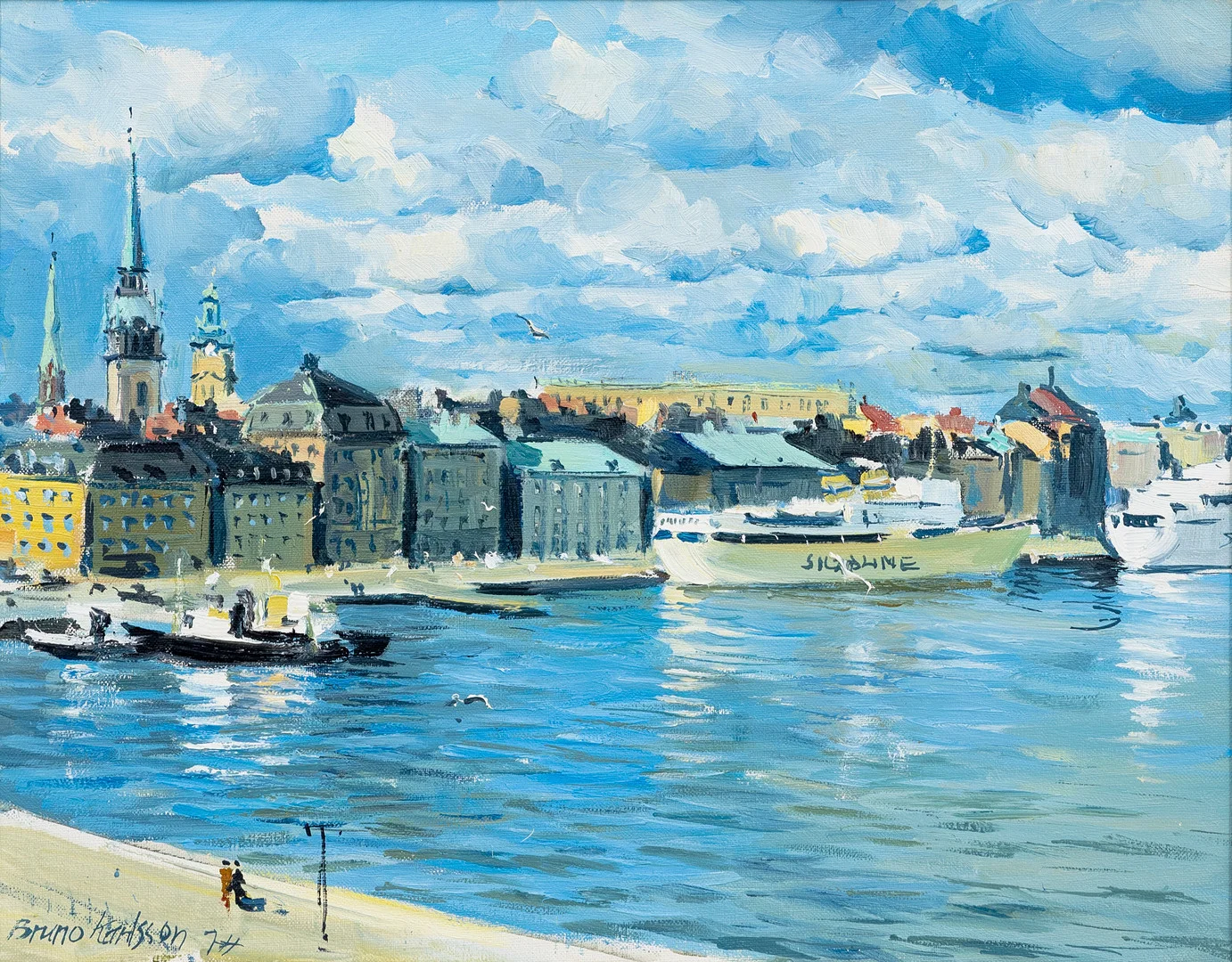 BRUNO KARLSSON. Stockholmsmotiv, Utsikt över skeppsbron, olja på duk, signerad och daterad -74. — Paintings — Auktionshuset Kolonn