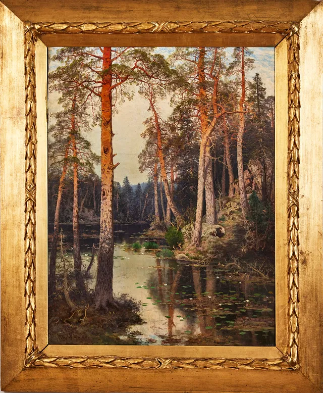 OSCAR TÖRNÅ. Insjö med näckrosor och solbelysta tallar, signerad och daterad 1894, olja på duk, 86 x 65 cm.