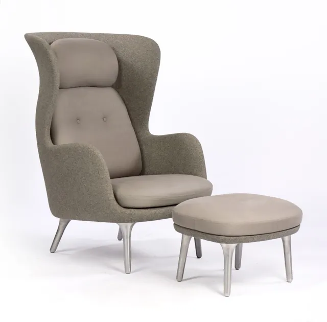 Jaime Hayon. 'Ro', armchair and footstool upholstered in gray upholstery and wool fabric, mounted on brushed aluminum legs, model JH1 (2)