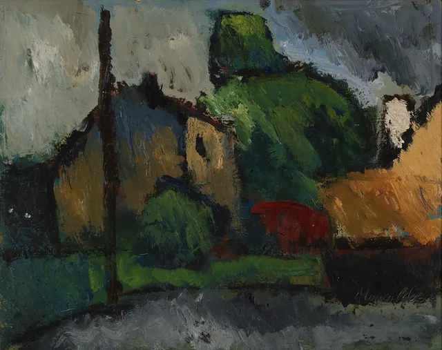 UBEKENDT KUNSTNER. Komposition med bygninger og træer, olie på lærred, signeret, 1920-30'erne.