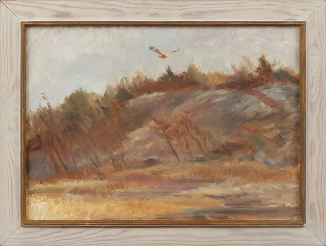 ALLAN ANDERSSON. "Fjällvråk över en bergknalle", olja på duk, signerad.