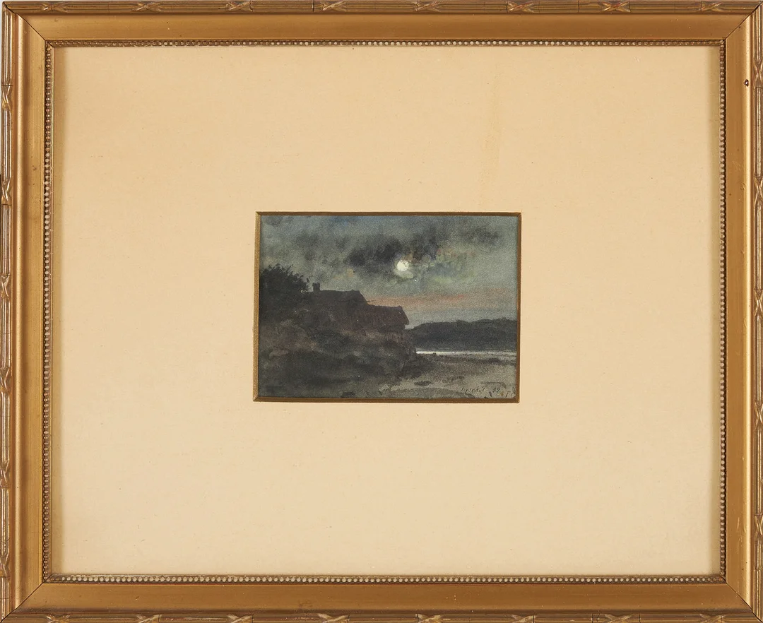 ALBERT THEODOR GELLERSTEDT. Lysekil, nattmotiv med måne, akvarell, monogramsignerad ATG, daterad 84. — Paintings — Stockholms Auktionsverk Sickla