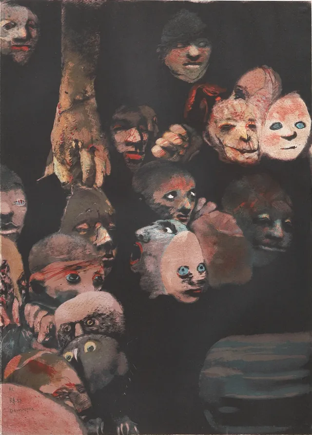 ROJ FRIBERG. Färglitografi, "Demoner", H.C., signerad och daterad -82.