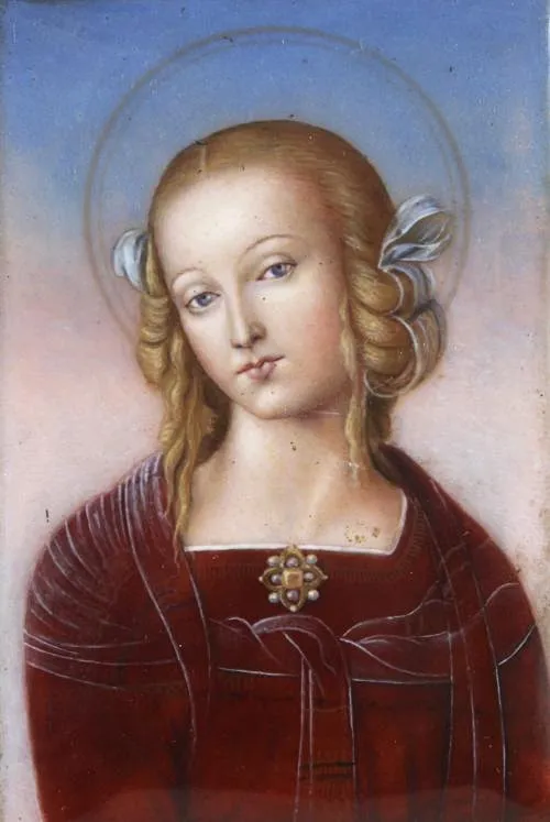 MASRIERA Y CARRERAS. Santa, esmalte sobre lámina de cobre.
