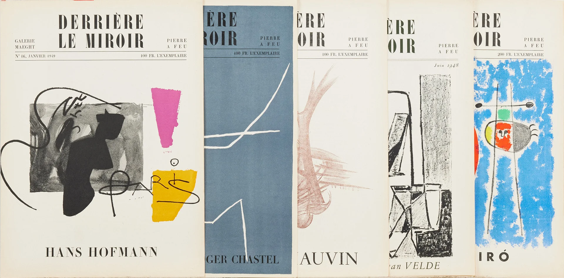 DERRIÈRE LE MIROIR (DLM), 5 st., nr 11-12, 14-15, 16, 17, och 18 bl a Miró och Chauvin, innehållande originallitografier och litografier efter, övervägande i färg samtliga 1:a-upplagor. — Engravings & Prints — Stockholms Auktionsverk Magasin 5