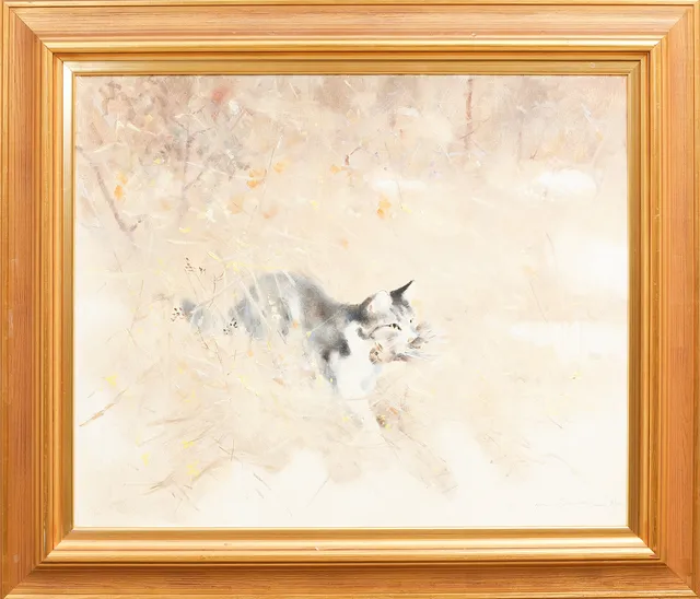 HENRY FREDRIKSSON. Katt med fågel, olja på duk, signerad.