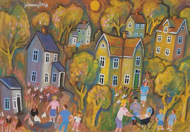 JÖRAN NYBERG. Sommarnöjen, gouache på papper, signerad.