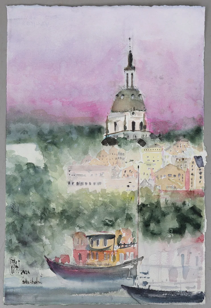 LEILA VAN DYKE. "Stockholm", akvarell, signerad och daterad 2020. — Paintings — Gomér & Andersson Norrköping