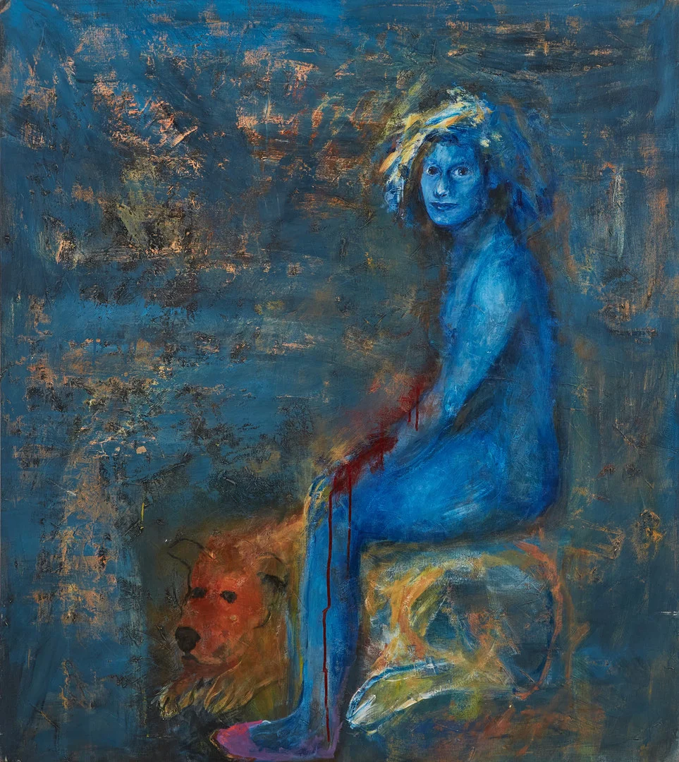 SUSANNE NESSIM (1944). "Blue lady and dog", olja på duk, á tergo signerad Nessim - 87. — Paintings — Stockholms Auktionsverk Magasin 5
