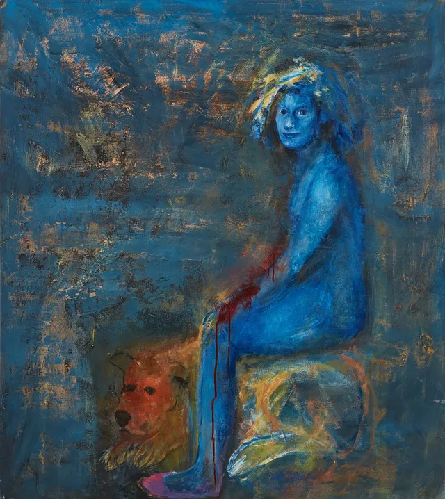 SUSANNE NESSIM (1944). "Blue lady and dog", olja på duk, á tergo signerad Nessim - 87.