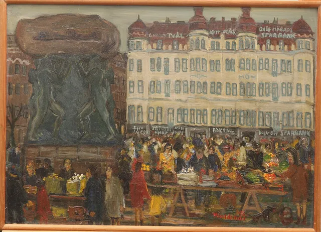 ÅKE WALDEMAR LARSSON. Olja på pannå, "Mölleångstorget", signerad Waldemar, daterad-76.