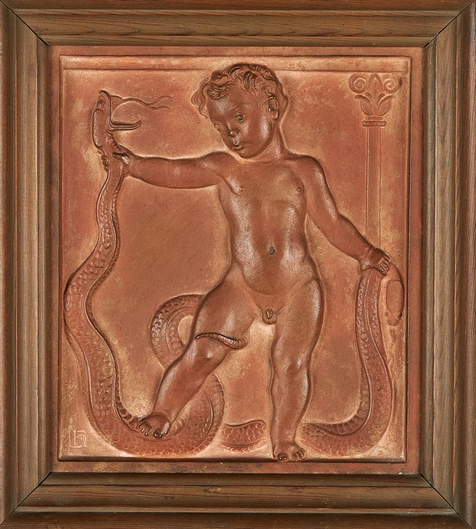 LÉO HOLMGREN (1904-1990). VÄGGRELIEF, föreställande Herkules, bemålad gips, monogramsignerad LH. — Sculptures & Bronzes — Stockholms Auktionsverk Sickla