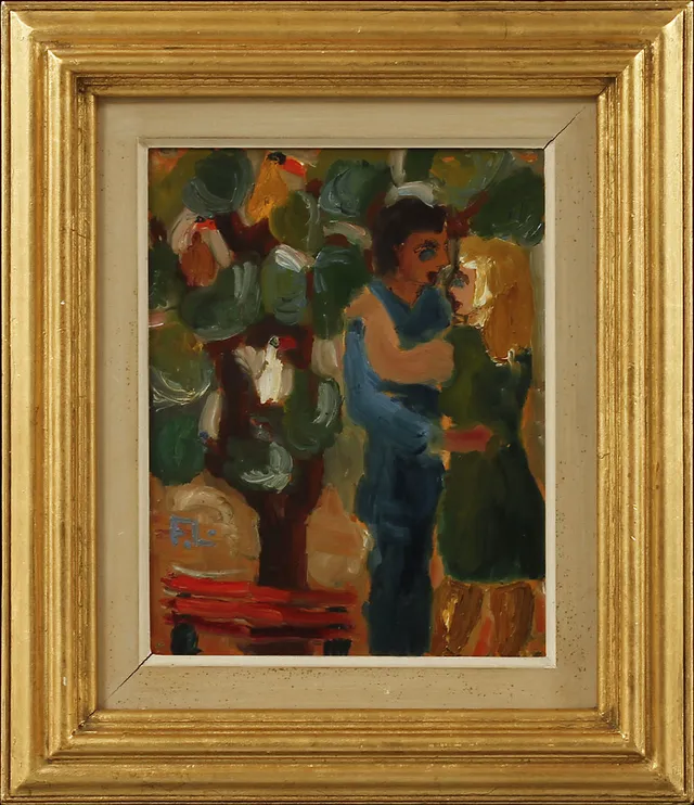 FRANS LARSSON. "Romantik", olja på pannå, signerad.