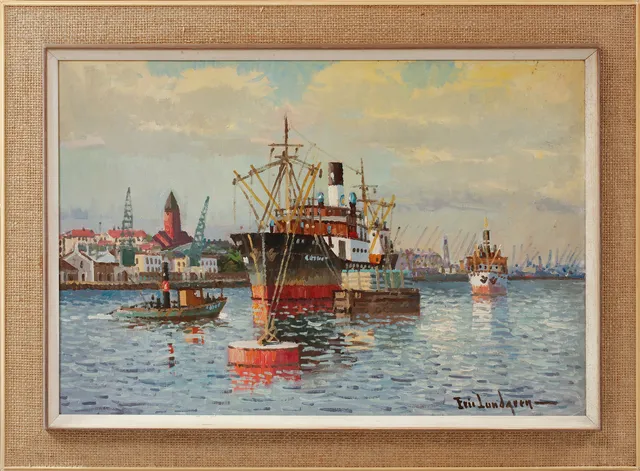 ERIC LUNDGREN. Motiv från Göteborgs hamn. Olja på duk, signerad.