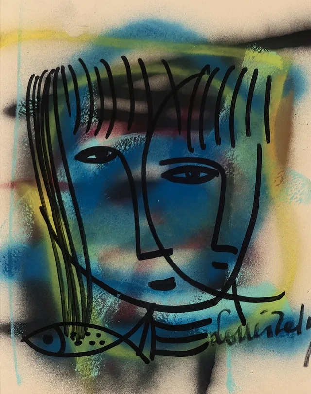 LOUIS ZELIG (1922-93). Komposition med ansigter og fisk, mixed media på lærred, signeret.