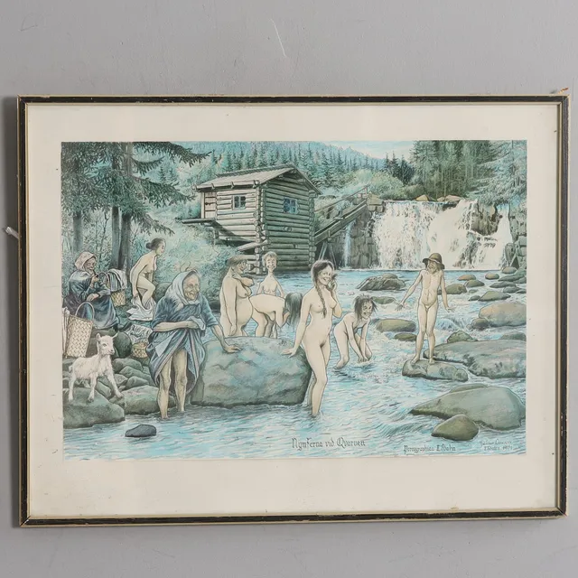 HJALMAR LARSSON (ÄLVDALEN). "Nymferna vid Qvarnen / Pornographica Elfdalia", grafiskt tryck. 1971.
