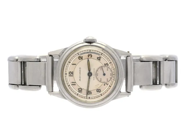 MOVADO, "Non-Magnetic", "Francois Borgel Case", Cal 470, Boett nr. A 474075 / 14729, herrur, 30,5 mm, stål, manuell, plexiglas, liten sekundvisare, skadad urtavla, defekt (behov av service), ca 1945, metallänk ej original.