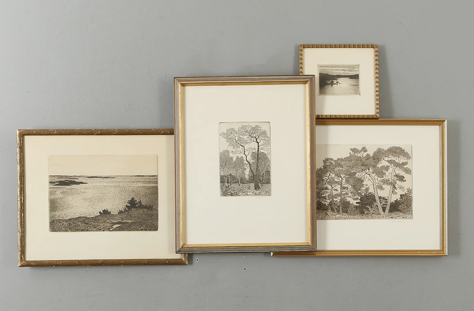 OSKAR BERGMAN. 4 st, etsningar, landskapsmotiv, signerade. — Engravings & Prints — Auktionshuset Kolonn
