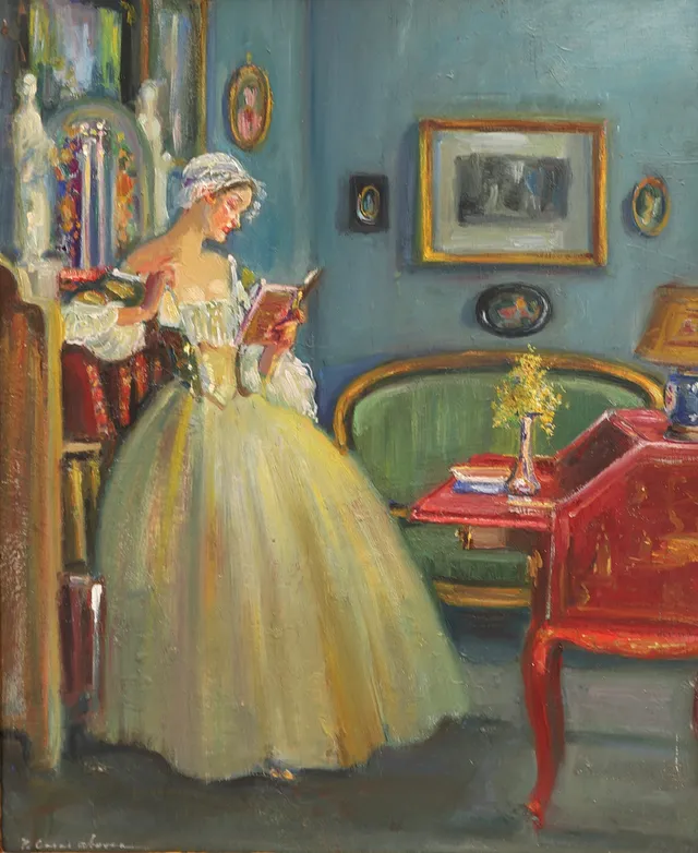 PEDRO CASAS ABARCA (1875-1958). Dama leyendo, óleo sobre tabla, firmado P. Casas Abarca.