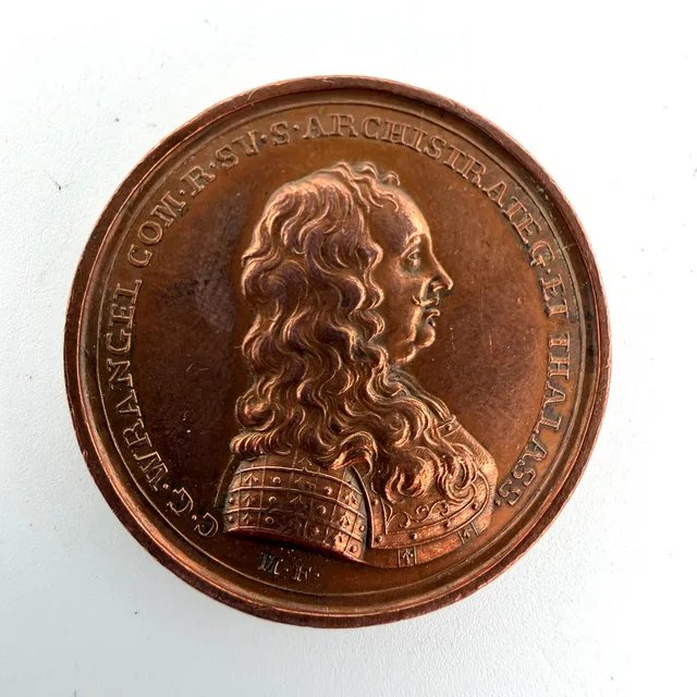 MINNESMEDALJ, brons, över fältmarskalk och riksamiral Carl Gustaf Wrangel(1613-1676), präglad för Svenska Akademien 1841, gravör Mauritz Frumerie.