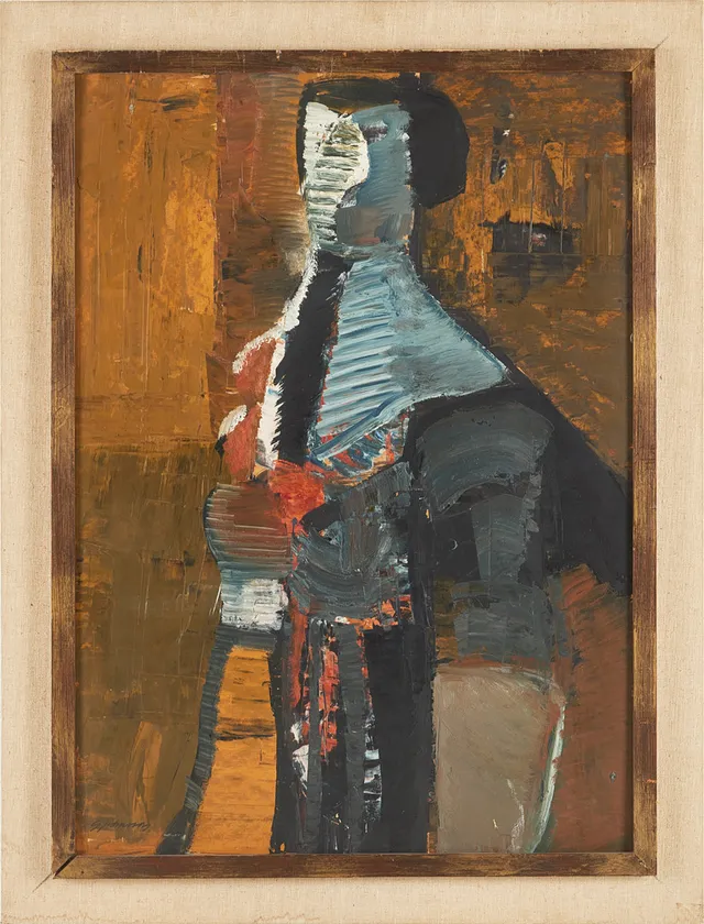 GUNNAR JOHNSSON. abstrakt figurporträtt, olja på pannå, signerad.