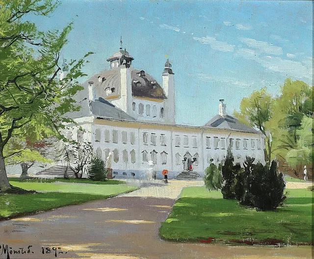 View from Fredensborg Castle. Signed and dated P. Mønsted 1892. Oil on panel. 11×14 cm.