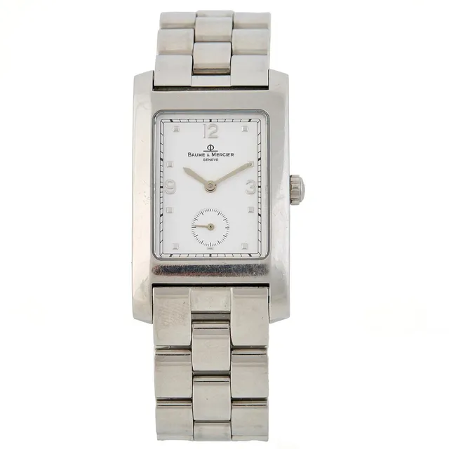 Wristwatch of steel, ref. MV045063. Quartz movement, cal. ETA. Baume & Mercier bracelet of steel with folding clasp. Circumference approximately 17 cm. 24×40 mm. 2000s.