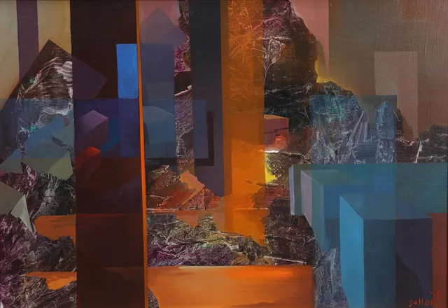 AKOS SOLLAR. olja på duk, surrealistiskt landskap, signerad.