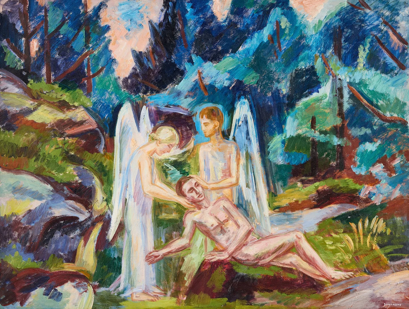BIRGER SIMONSSON. Komposition med änglar. — Paintings — Stockholms Auktionsverk Magasin 5