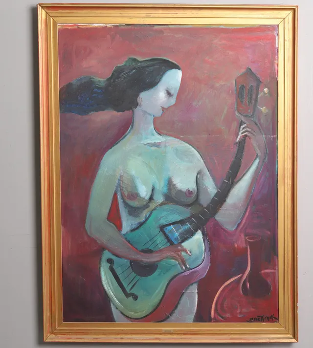 OLLE KRANTZ. OLJA PÅ DUK, "Flicka med gitarr", signerad, daterad 1982.