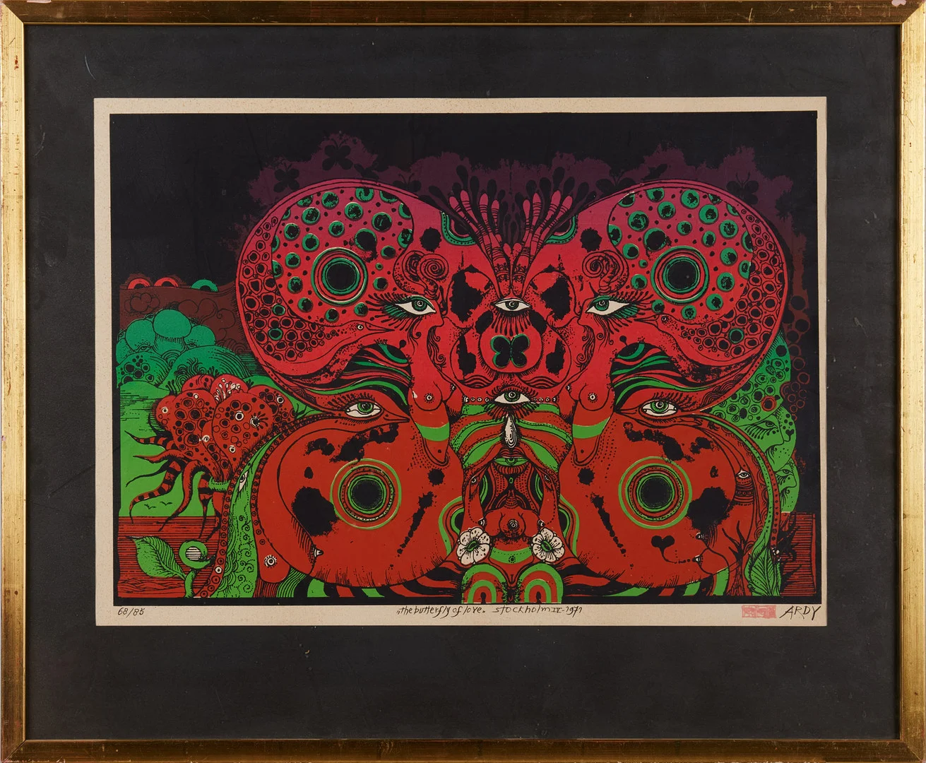ARDY STRÜWER. "Butterfly love", färglitografi, signerad samt daterad Stockholm 1971, numrerad 68/85. — Engravings & Prints — Stockholms Auktionsverk Magasin 5