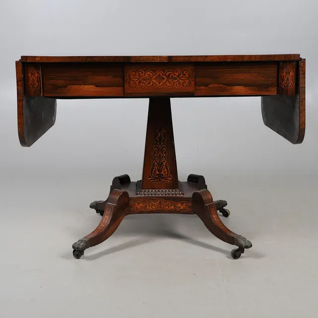 A REGENCY ROSEWOOD AND MARQUETRY SOFA TABLE.