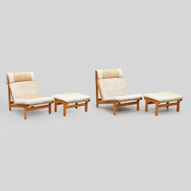BERNT PEDERSEN. "Rag chair/Kludestolen", fåtöljer med fotpall, ett par, Danmark.