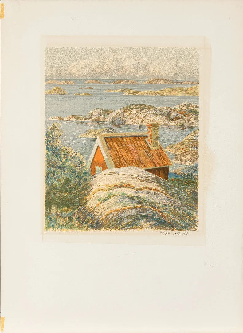 ROLAND SVENSSON. Skärgård med röd stuga. — Engravings & Prints — Crafoord Auktioner Stockholm